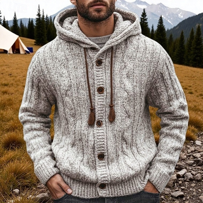 Men's Hooded Cable-Knit Cardigan for Fall and Winter Everyday Wear Gray