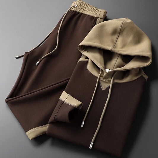Men's Color Block Hoodie and Tracksuit Ensemble for Daily Use Brown