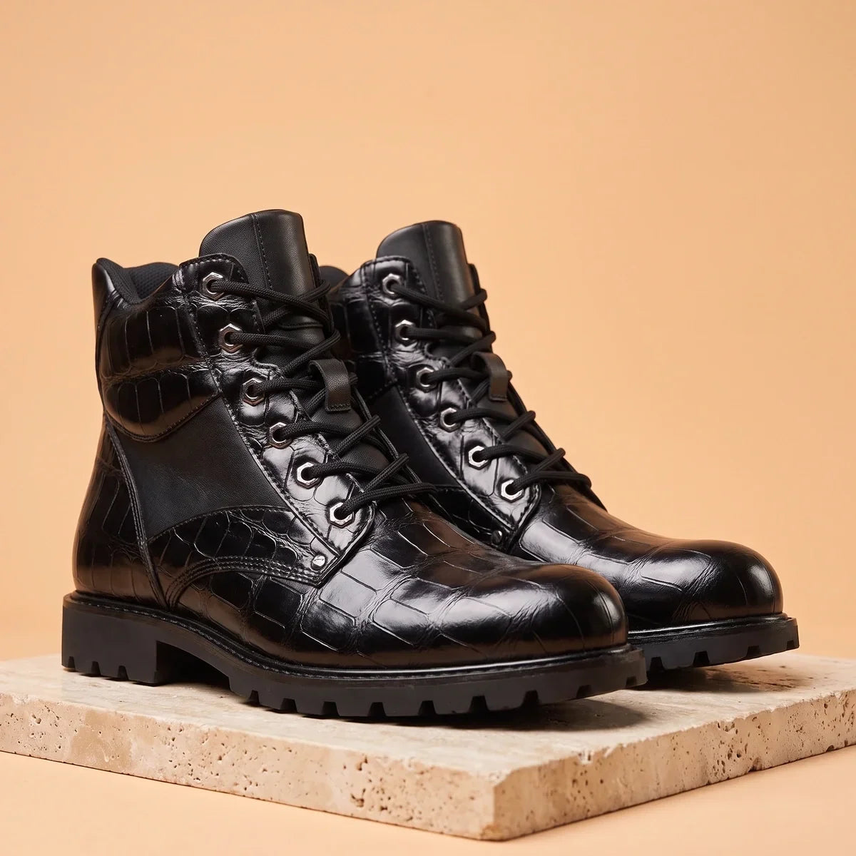 Men's Croc-Embossed Lace-Up Fashion Boots for Daily Use Black