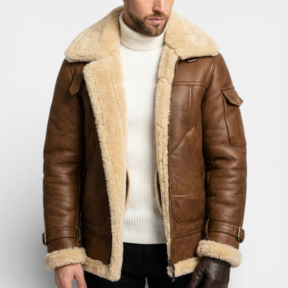 Men's Leather Jacket with Sherpa Lining and Zipper Closure Brown