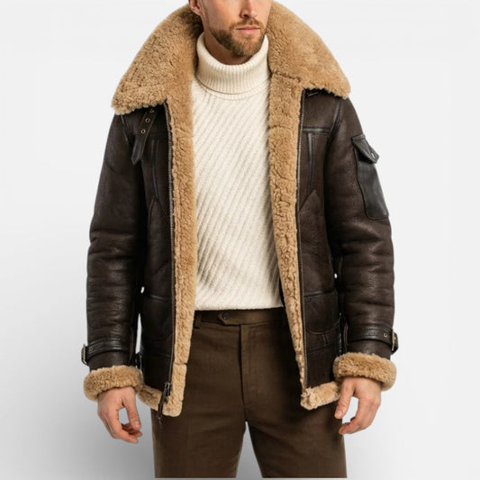 Men's Leather Jacket with Sherpa Lining and Zipper Closure Dark Brown