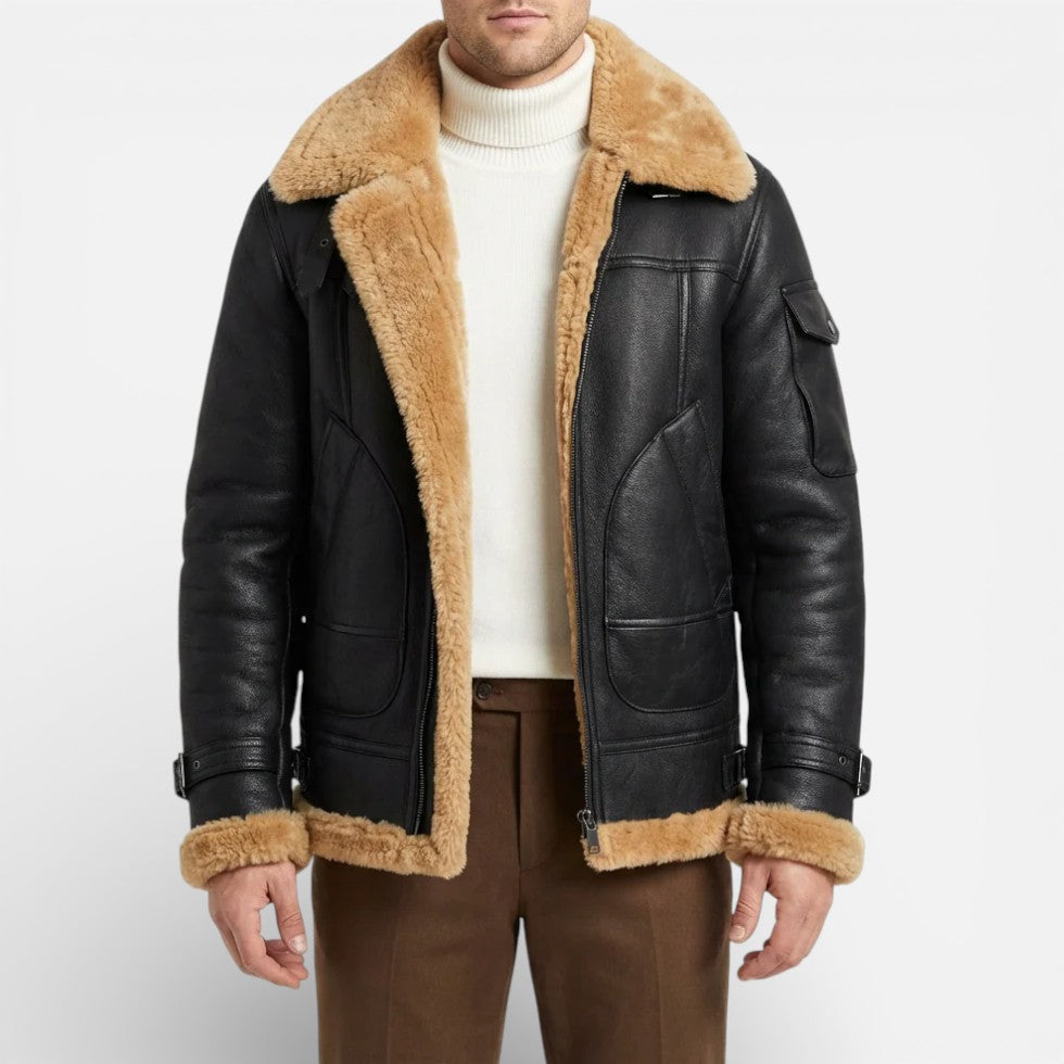 Men's Leather Jacket with Sherpa Lining and Zipper Closure Black