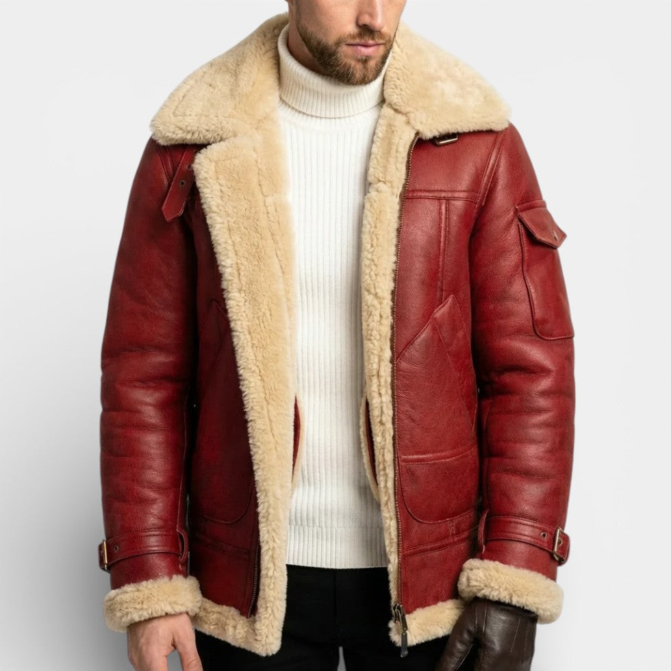 Men's Leather Jacket with Sherpa Lining and Zipper Closure Red