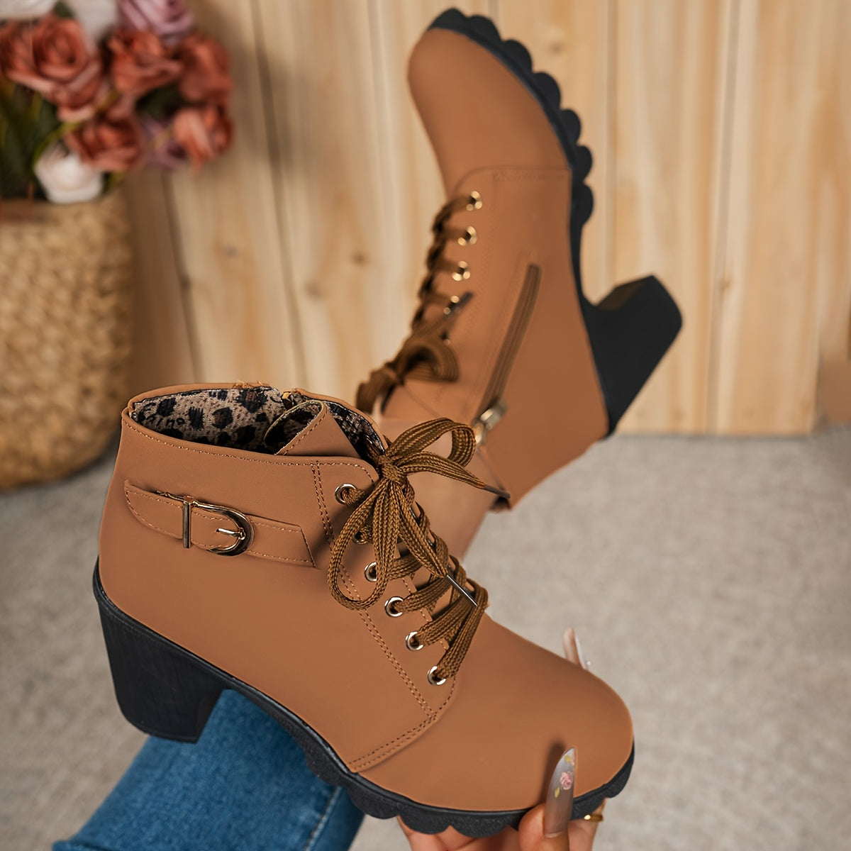 Women's Elegant Lace Up Ankle Boots with Block Heel for Daily Use Brown