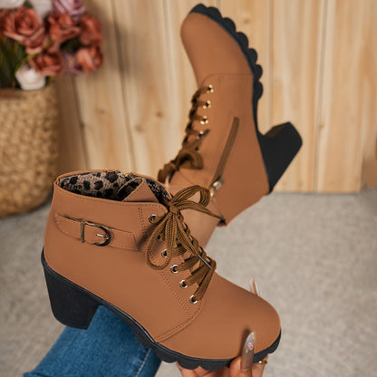Women's Elegant Lace Up Ankle Boots with Block Heel for Daily Use Brown