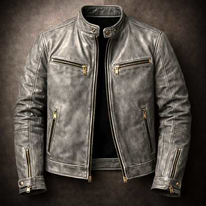 Men's Classic Leather Jacket with Chest Zip Pockets for Daily Use Gray