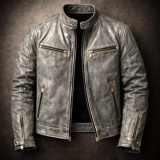 Men's Classic Leather Jacket with Chest Zip Pockets for Daily Use Gray