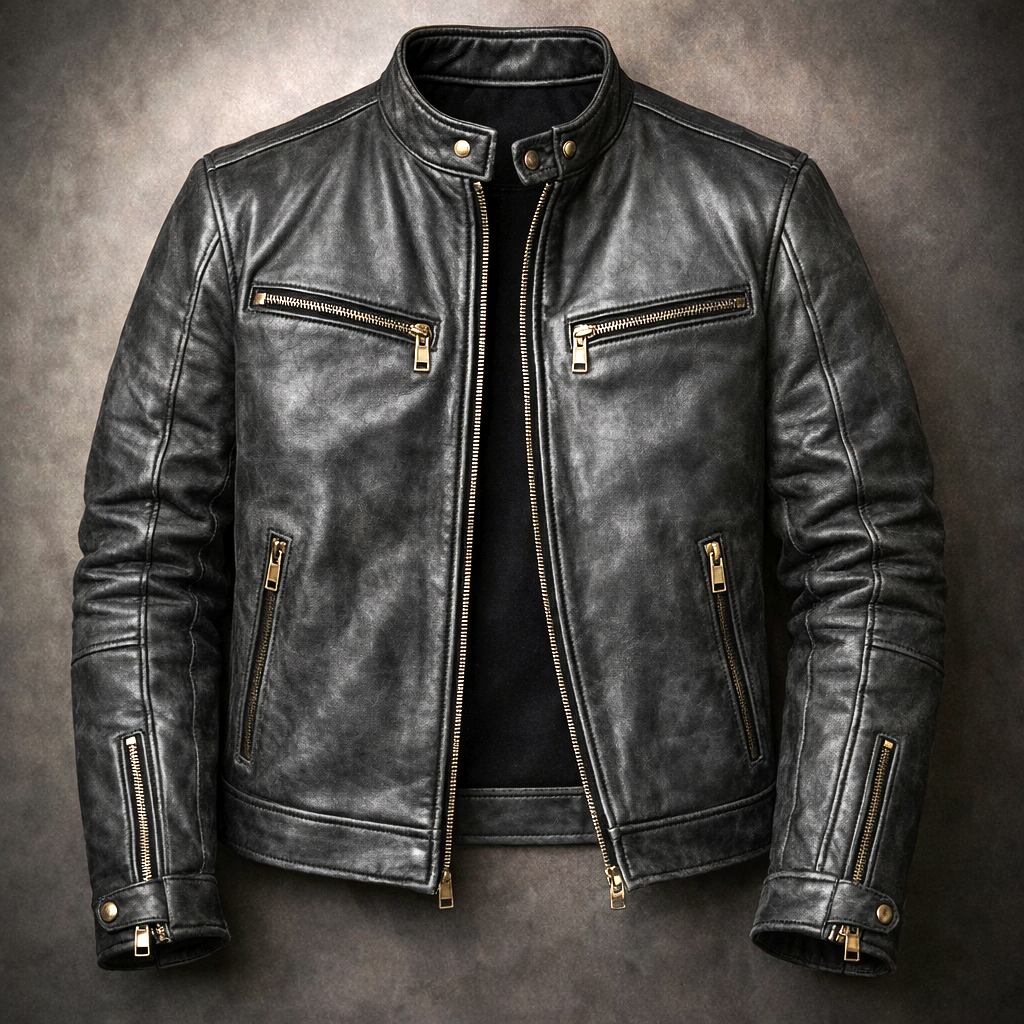 Men's Classic Leather Jacket with Chest Zip Pockets for Daily Use Black