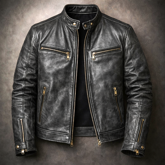 Men's Classic Leather Jacket with Chest Zip Pockets for Daily Use Black