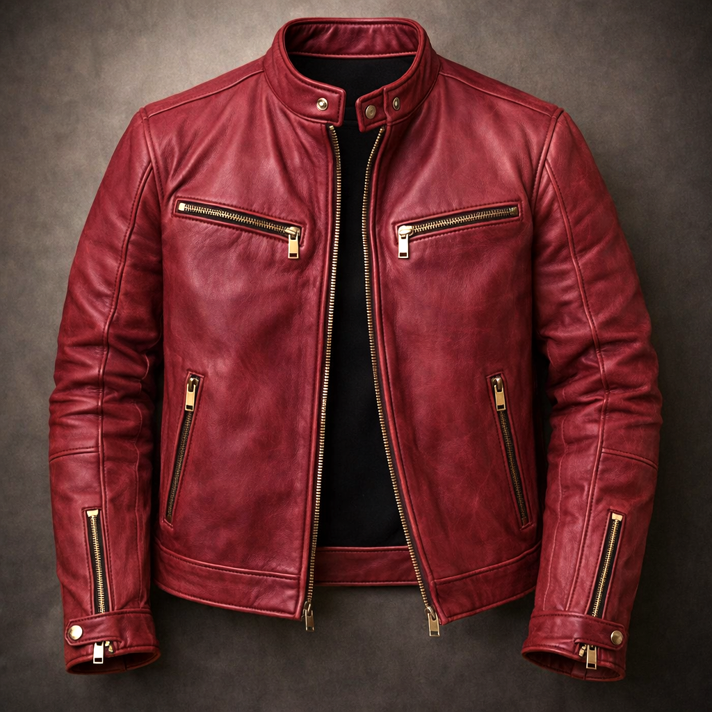 Men's Classic Leather Jacket with Chest Zip Pockets for Daily Use Dark Red