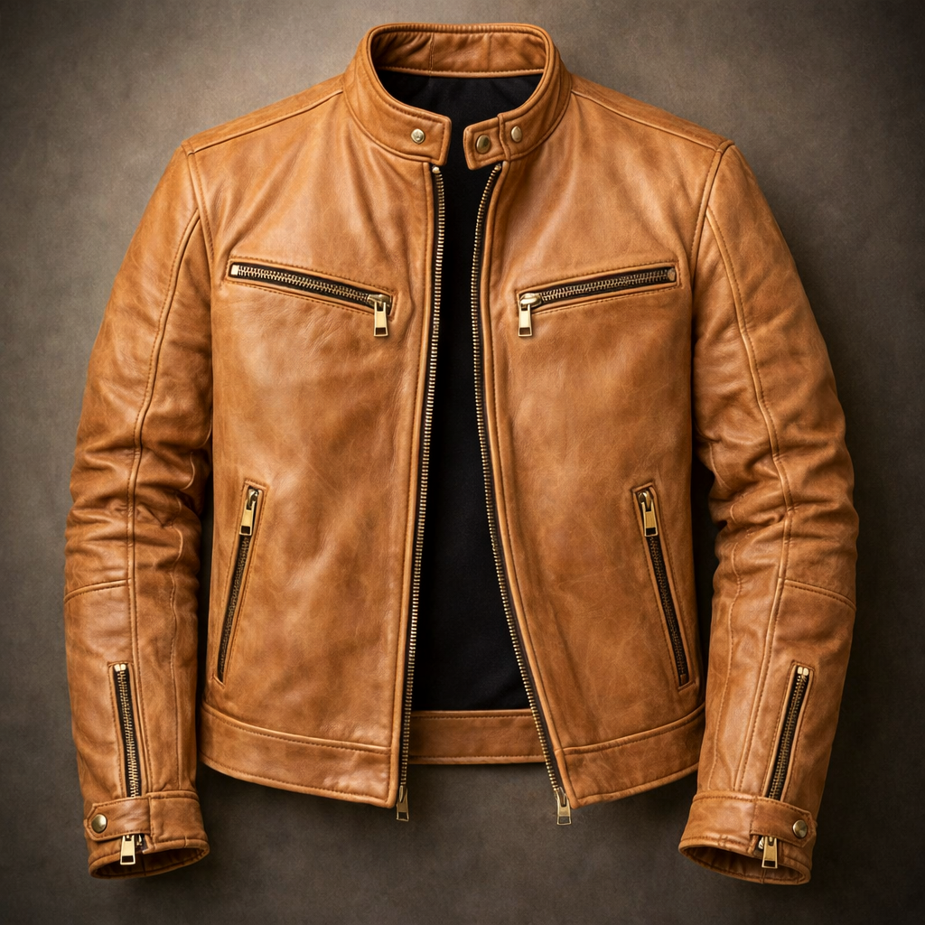 Men's Classic Leather Jacket with Chest Zip Pockets for Daily Use Brown