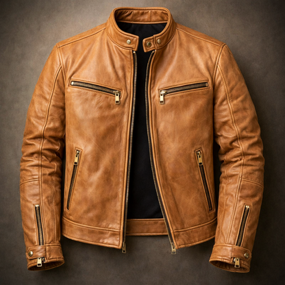 Men's Classic Leather Jacket with Chest Zip Pockets for Daily Use Brown