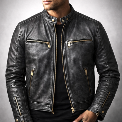 Men's Classic Leather Jacket with Chest Zip Pockets for Daily Use