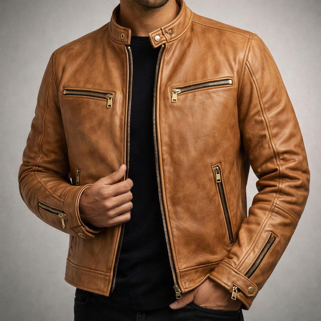 Men's Classic Leather Jacket with Chest Zip Pockets for Daily Use