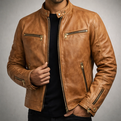 Men's Classic Leather Jacket with Chest Zip Pockets for Daily Use