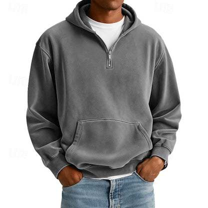 Men's Casual Quarter-Zip Hoodie for Fall and Winter Everyday Wear Light Grey