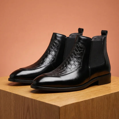 Men's Polished Leather Chelsea Boots with Crocodile Panel Design Black