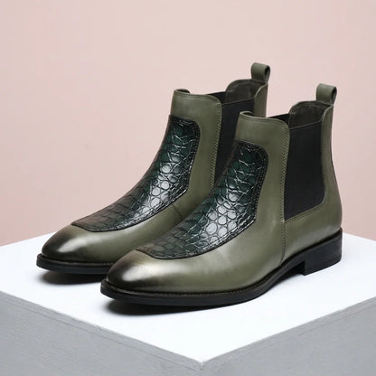 Men's Polished Leather Chelsea Boots with Crocodile Panel Design Olive Green