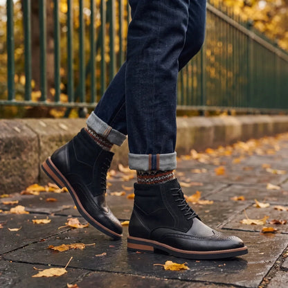 Men's Classic Wingtip Brogue Boots for Fall and Winter Everyday Wear Black