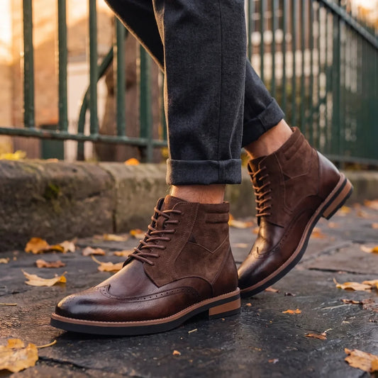 Men's Classic Wingtip Brogue Boots for Fall and Winter Everyday Wear Brown