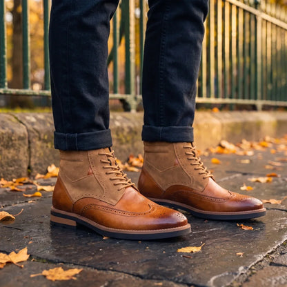 Men's Classic Wingtip Brogue Boots for Fall and Winter Everyday Wear Cognac