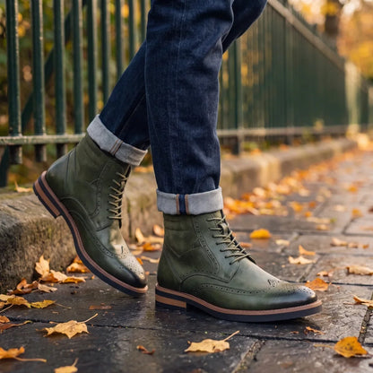 Men's Classic Wingtip Brogue Boots for Fall and Winter Everyday Wear Olive