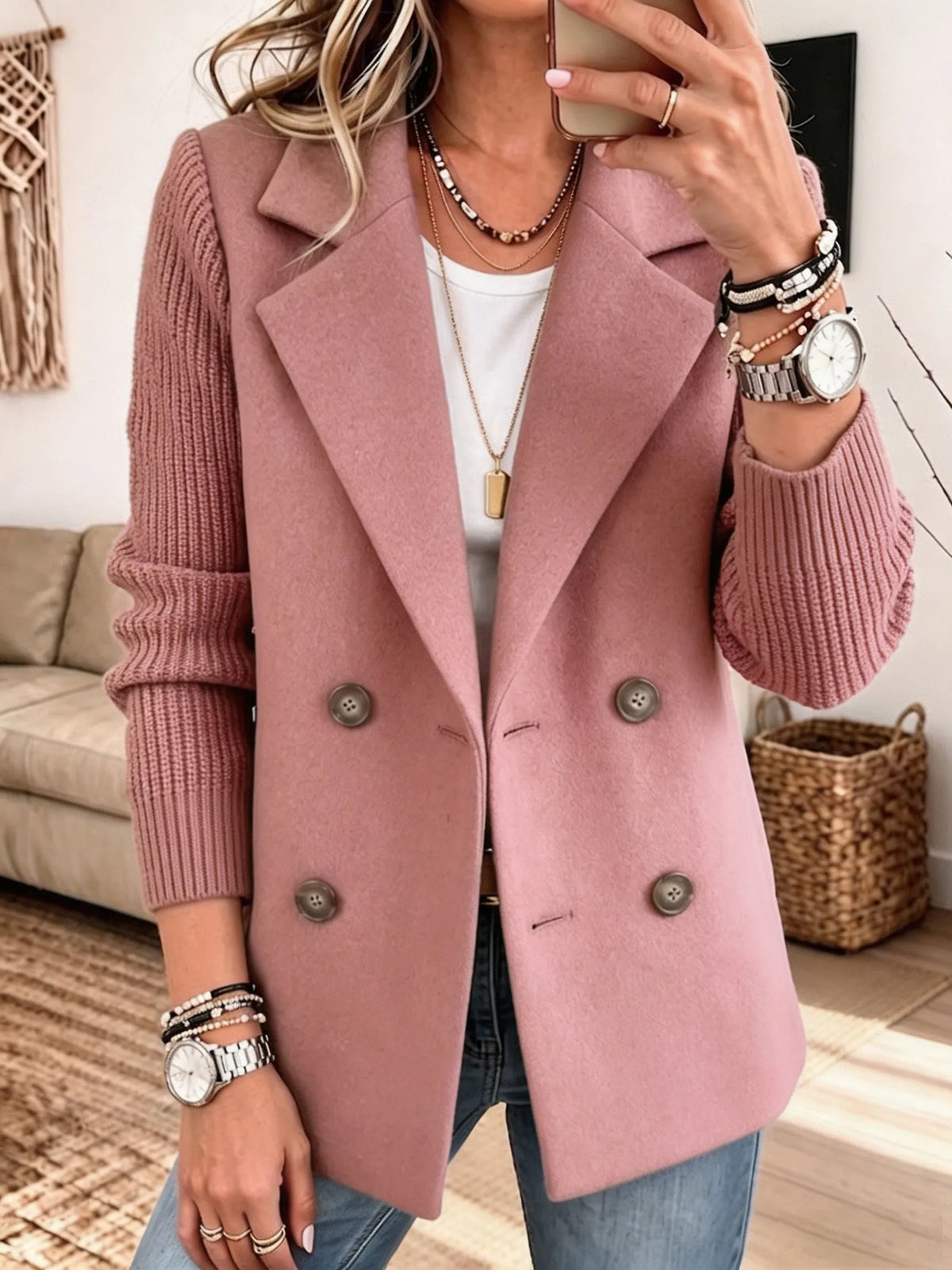 Women's Double-Breasted Blazer with Ribbed Knit Sleeves Pink