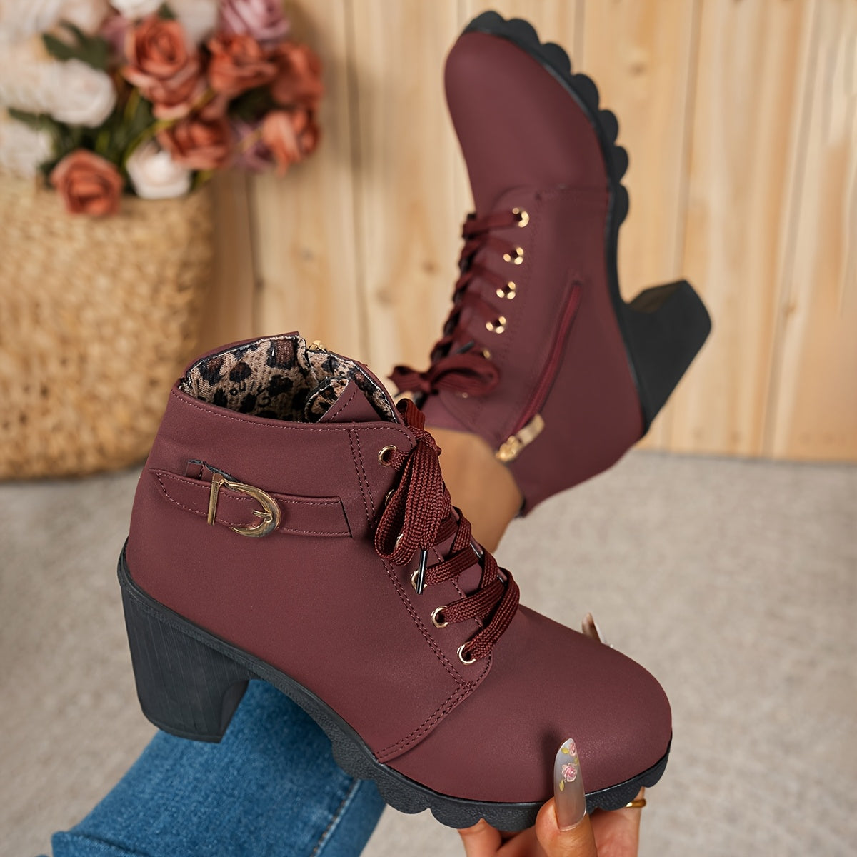 Women's Elegant Lace Up Ankle Boots with Block Heel for Daily Use Red
