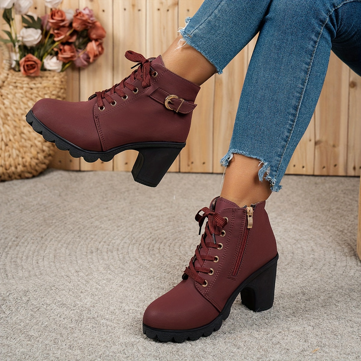 Women's Elegant Lace Up Ankle Boots with Block Heel for Daily Use
