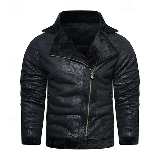 Men's Black Faux Leather Biker Jacket – Warm Fleece-Lined Winter Coat