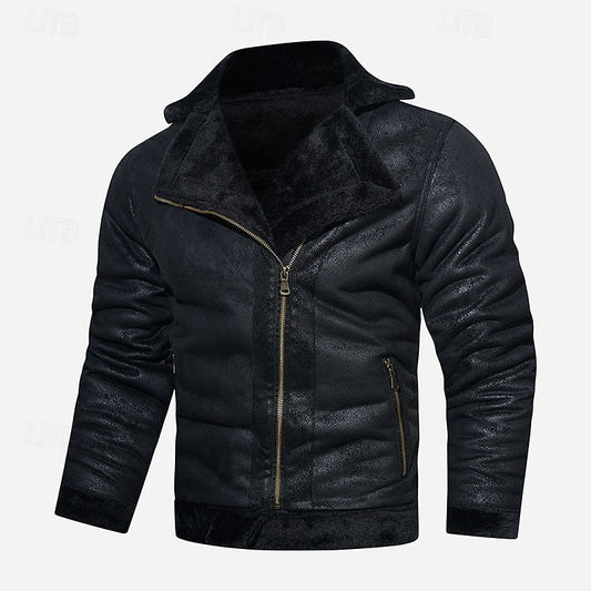 Men's Black Faux Leather Biker Jacket – Warm Fleece-Lined Winter Coat
