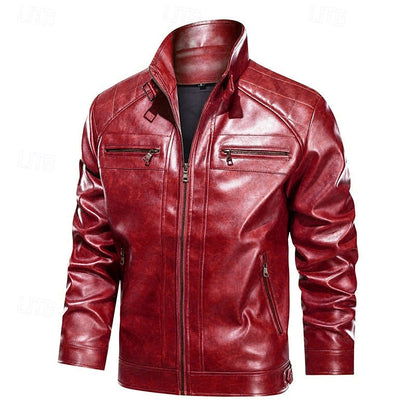 Men's Red Faux Leather Biker Jacket with Stand Collar and Zipper