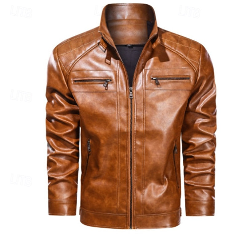 Men's Red Faux Leather Biker Jacket with Stand Collar and Zipper