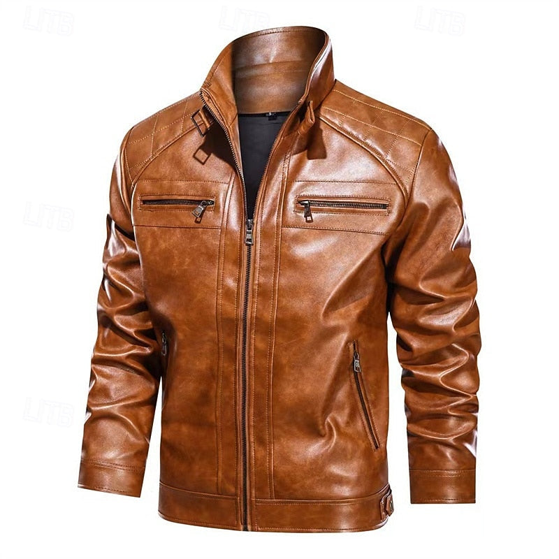 Men's Red Faux Leather Biker Jacket with Stand Collar and Zipper