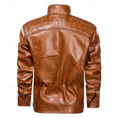 Men's Red Faux Leather Biker Jacket with Stand Collar and Zipper