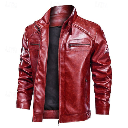 Men's Red Faux Leather Biker Jacket with Stand Collar and Zipper Red