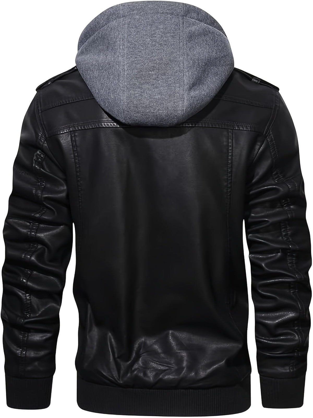 Men's Black Faux Leather Moto Jacket with Removable Hood