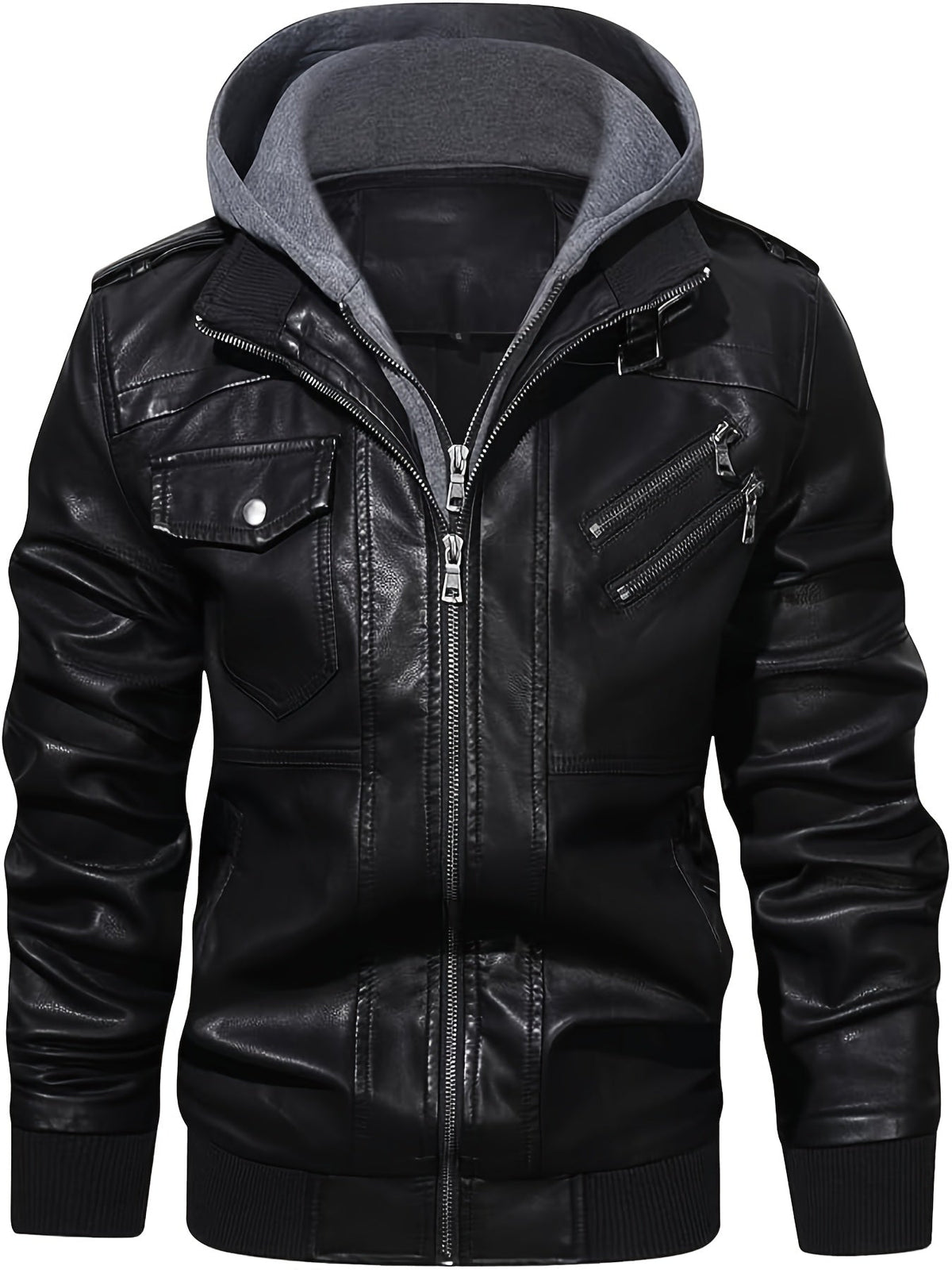 Men's Black Faux Leather Moto Jacket with Removable Hood