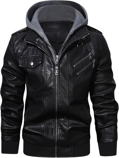 Men's Black Faux Leather Moto Jacket with Removable Hood