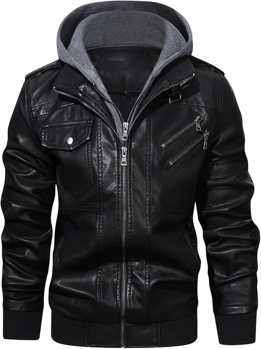 Men's Black Faux Leather Moto Jacket with Removable Hood