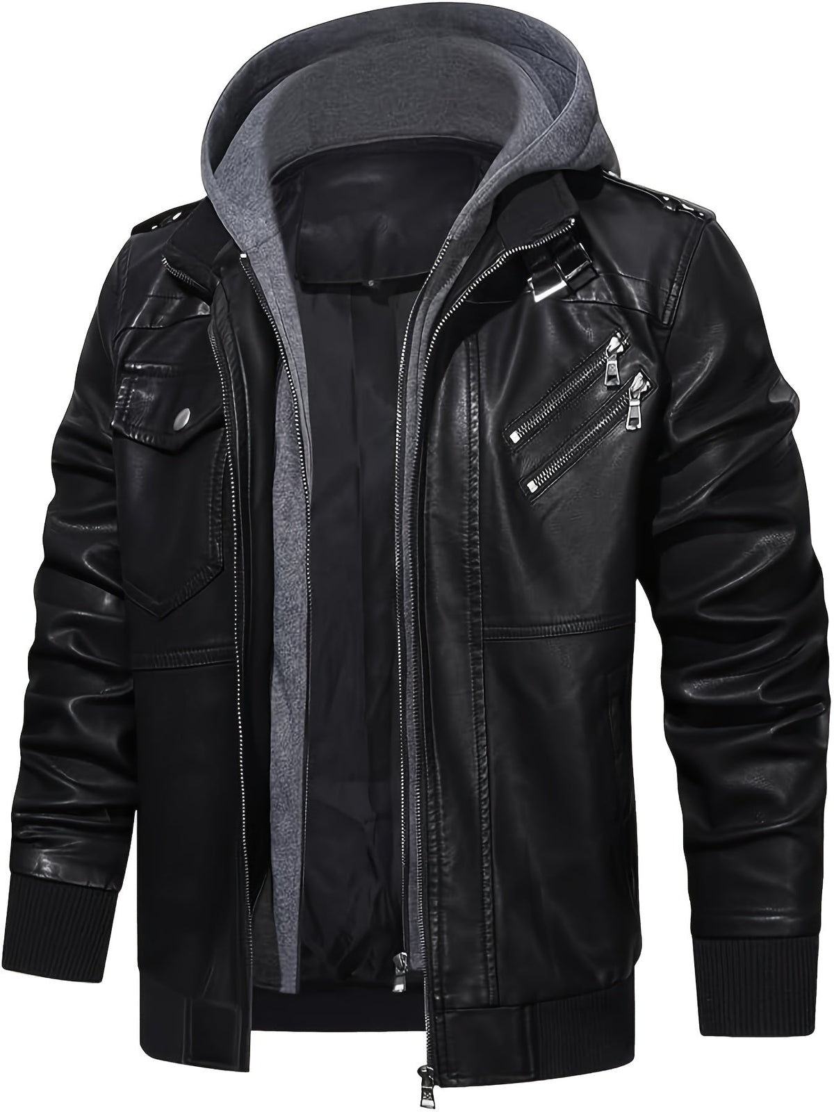 Men's Black Faux Leather Moto Jacket with Removable Hood