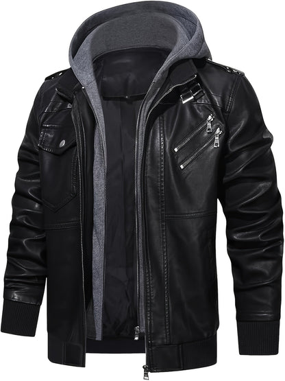 Men's Black Faux Leather Moto Jacket with Removable Hood