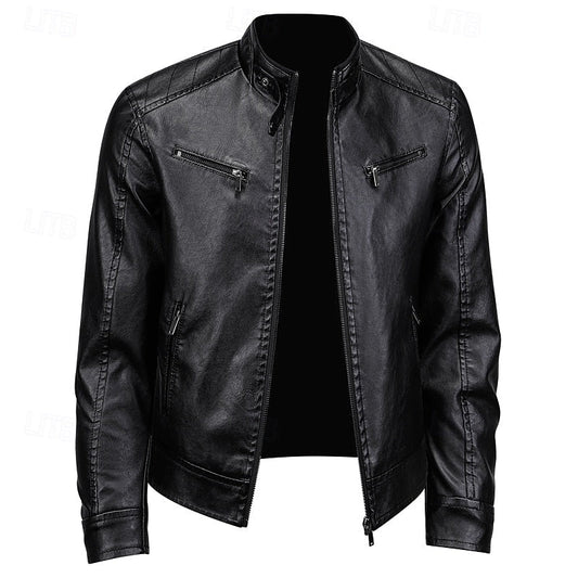 Men's Brown Faux Leather Motorcycle Jacket with Stand Collar Black
