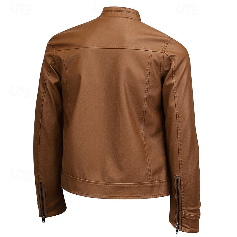 Men's Brown Faux Leather Motorcycle Jacket with Stand Collar Coffee