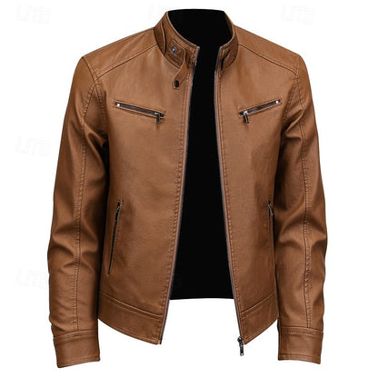Men's Brown Faux Leather Motorcycle Jacket with Stand Collar