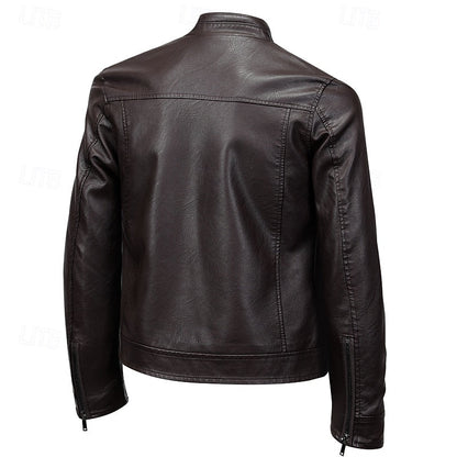 Men's Brown Faux Leather Motorcycle Jacket with Stand Collar Wine