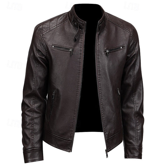 Men's Brown Faux Leather Motorcycle Jacket with Stand Collar Brown