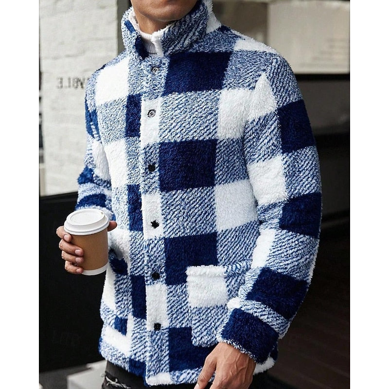 Men's Plaid Fleece Jacket with Stand Collar - Cozy Winter Outerwear