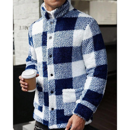 Men's Plaid Fleece Jacket with Stand Collar - Cozy Winter Outerwear