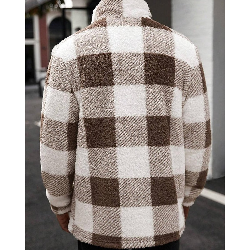 Men's Plaid Fleece Jacket with Stand Collar - Cozy Winter Outerwear